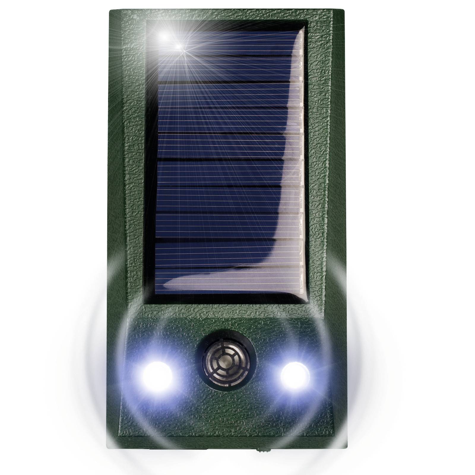 Een groen, rechthoekig zonne-apparaat met twee oplichtende LED-lampjes aan de voorkant en een lens in het midden. Bovenkant: zonnepaneel.