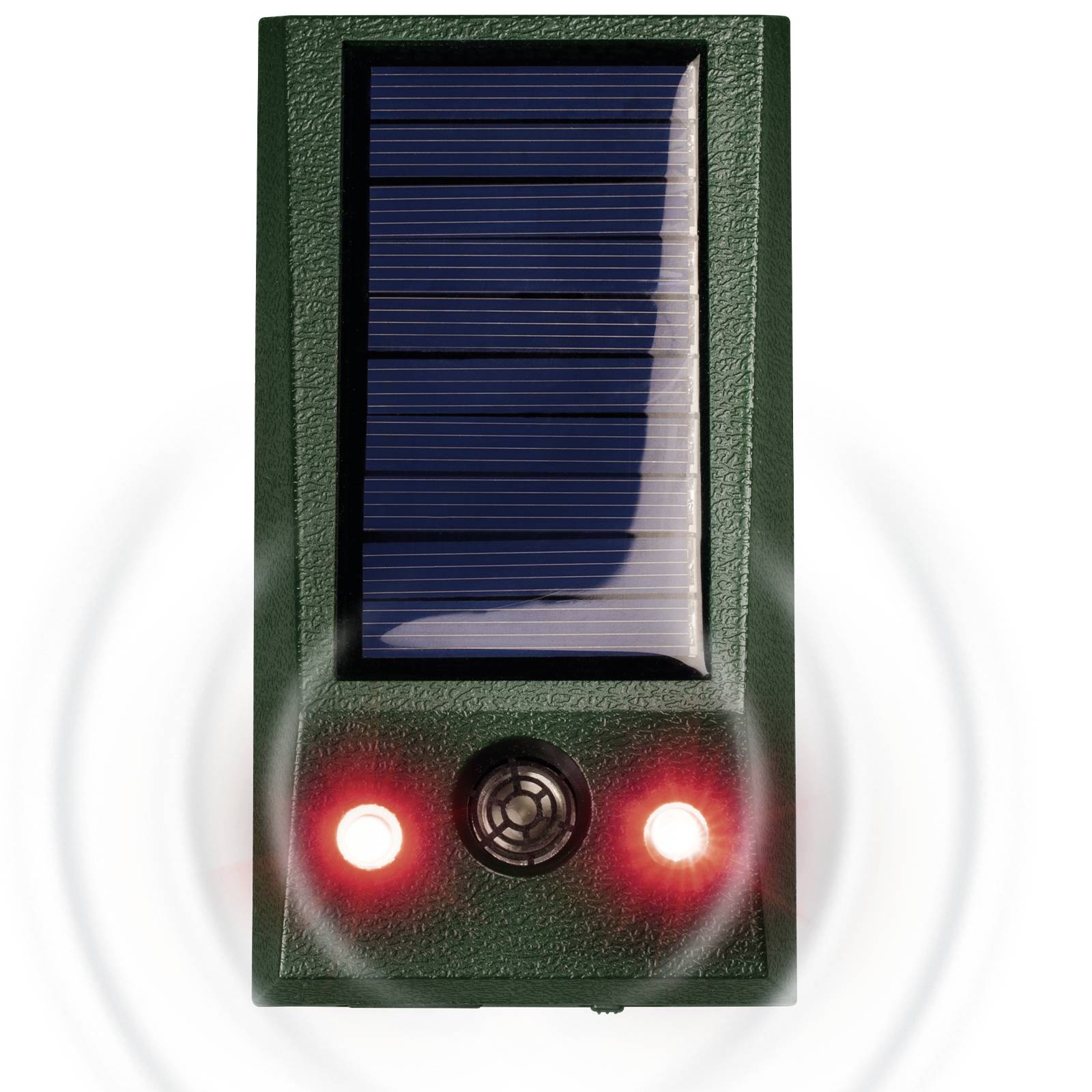 Elektronisch apparaat met zonnepaneel, twee oplichtende rode LED-lampjes en een luidsprekerooster aan de voorkant.