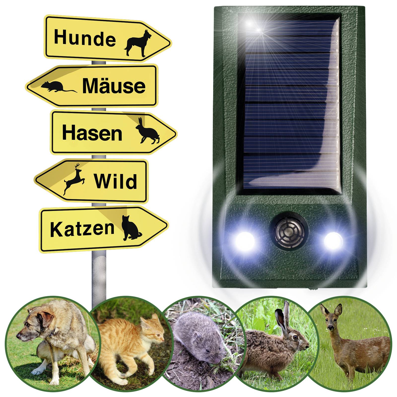 Een zonne-apparaat met licht en speaker voor dierwering staat naast een bord met pijlen naar 'Honden', 'Muizen', 'Konijnen', 'Wild', 'Katten'. Onderaan zijn afbeeldingen van deze dieren.