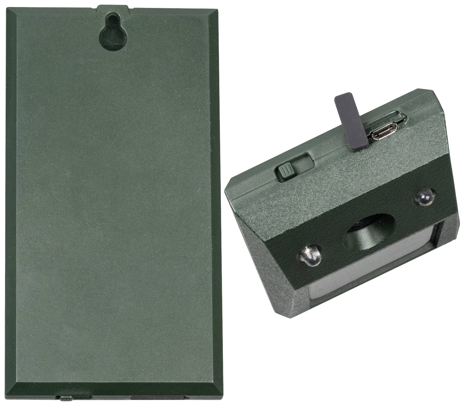 Twee weergaven van een groen elektronisch apparaat: een achterkant met een opening voor ophanging en een zijkant met een USB-aansluiting en schakelaar.