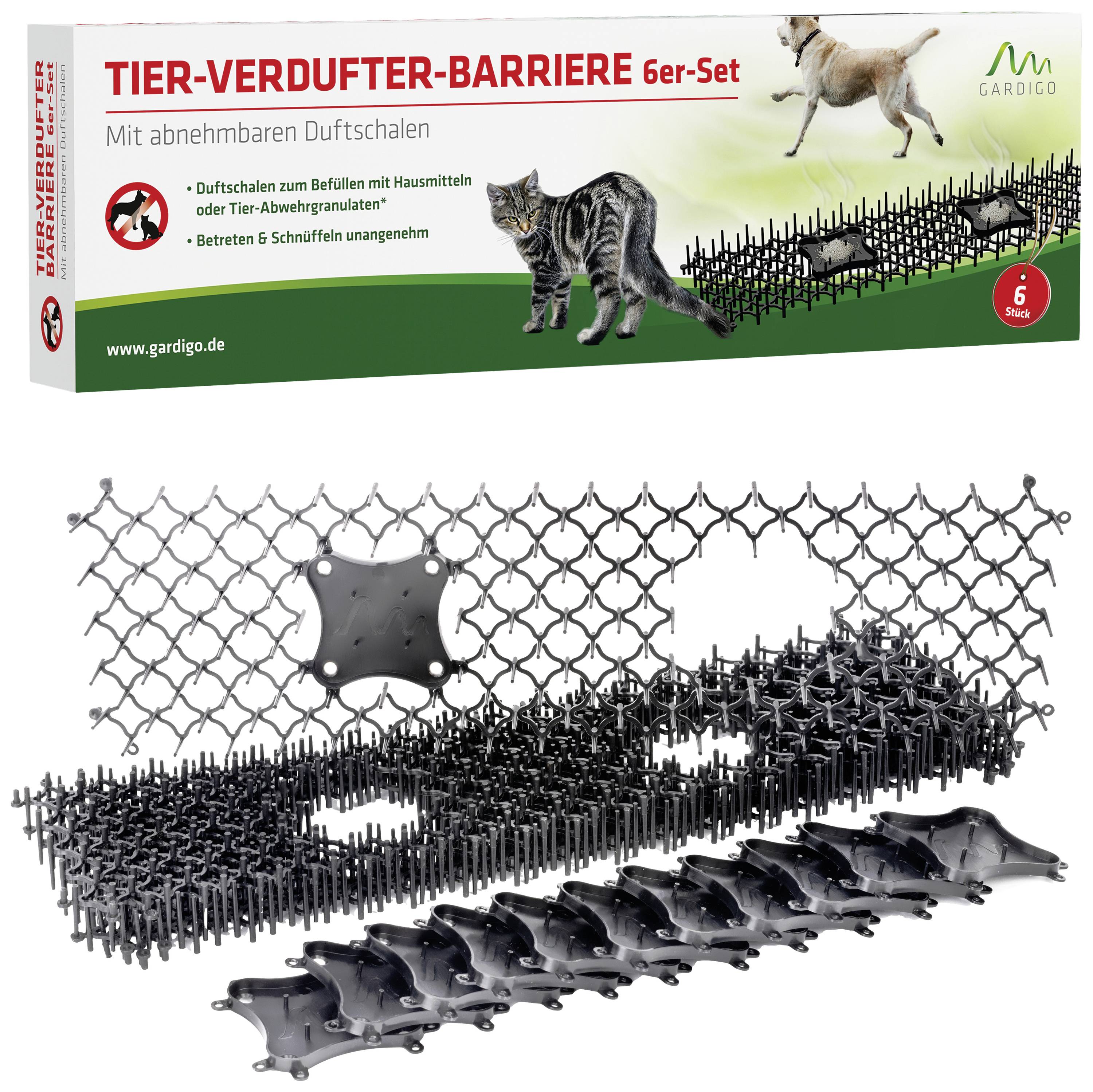 'Dier-Verdrijver-Barrière 6-delige set' toont een anti-dier rooster ter bescherming tegen huisdieren. Bevat geurschalen. Afbeelding van katten en honden.