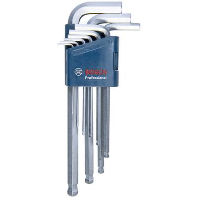 Een set inbussleutels in verschillende maten, vastgehouden in een blauwe houder met het 'Bosch Professional'-logo.