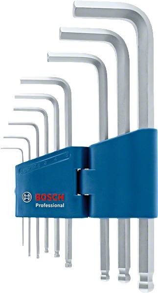 Negenledige set inbussleutels in verschillende maten in een blauwe houder, met het logo 'Bosch Professional'.