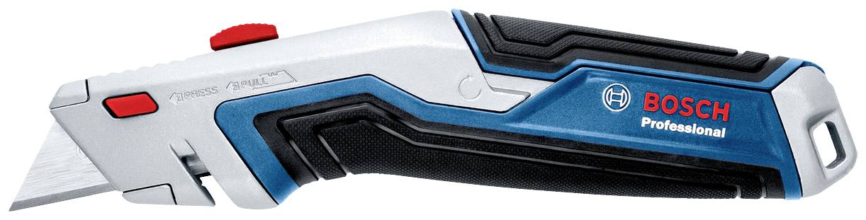 Een grijs en blauw vouwmes met een rode knop, ontworpen voor professioneel gebruik.
