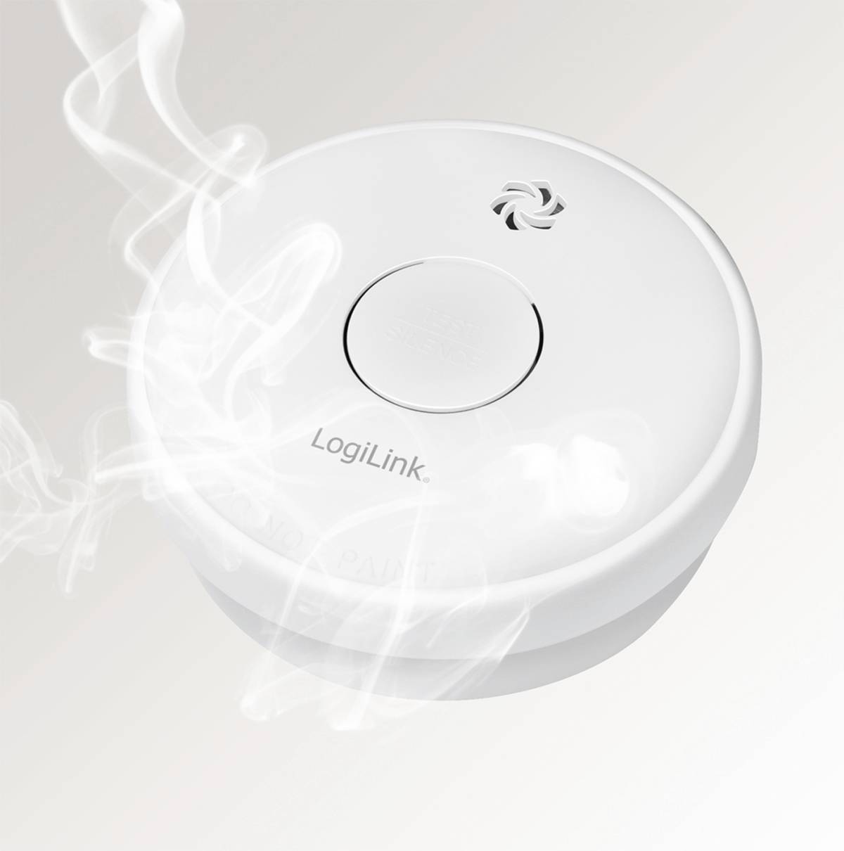 Een witte rookmelder met opkomende rook. De rookmelder is rond met een centrale knop en een kleine ventilatieopening.