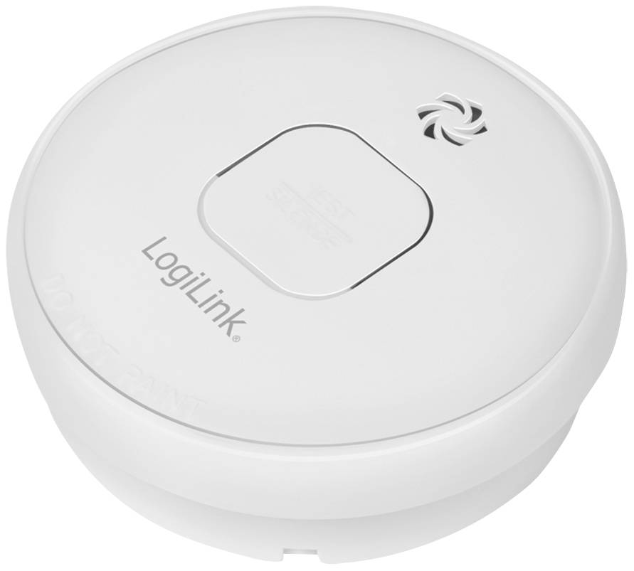 Ronde, witte rookmelder van LogiLink met centrale testknop en ventilatiesleuven; geschikt voor brandpreventietoezicht.