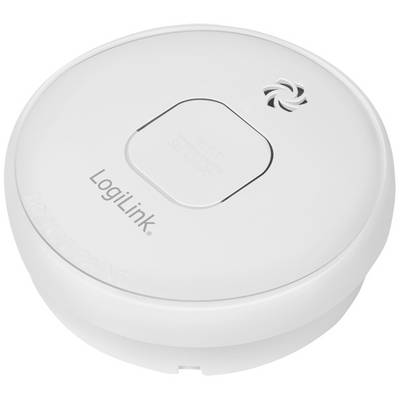 Ronde, witte rookmelder van LogiLink met centrale testknop en ventilatiesleuven; geschikt voor brandpreventietoezicht.