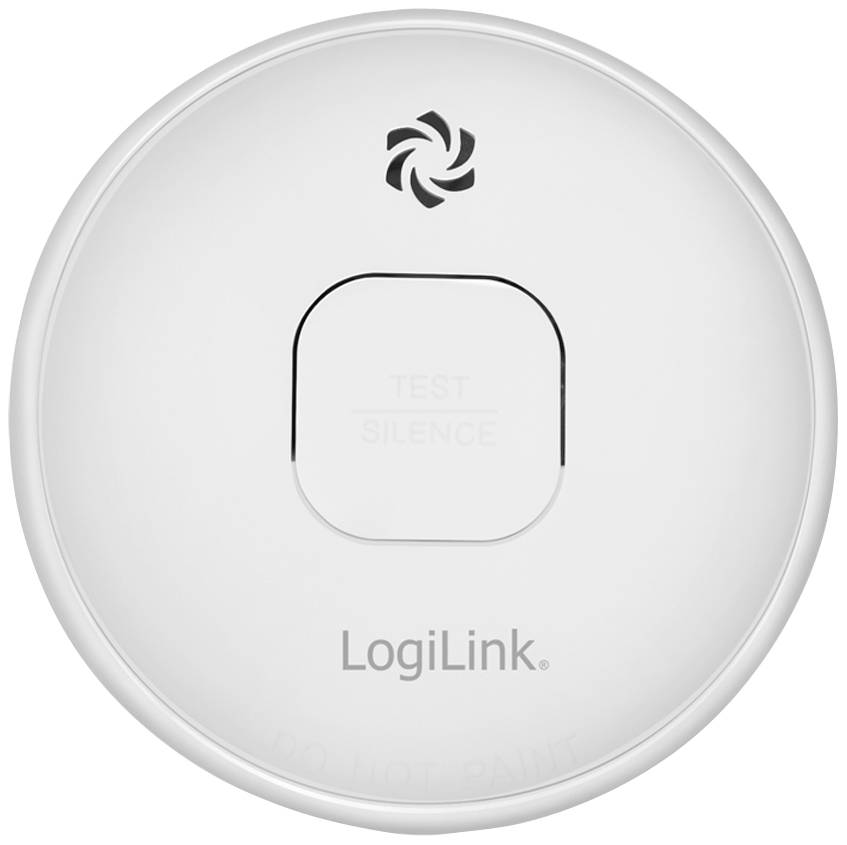 Witte rookmelder met centrale knop, gemarkeerd 'Test Silence', en het logo 'LogiLink'.