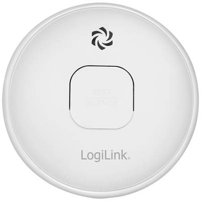 Witte rookmelder met centrale knop, gemarkeerd 'Test Silence', en het logo 'LogiLink'.