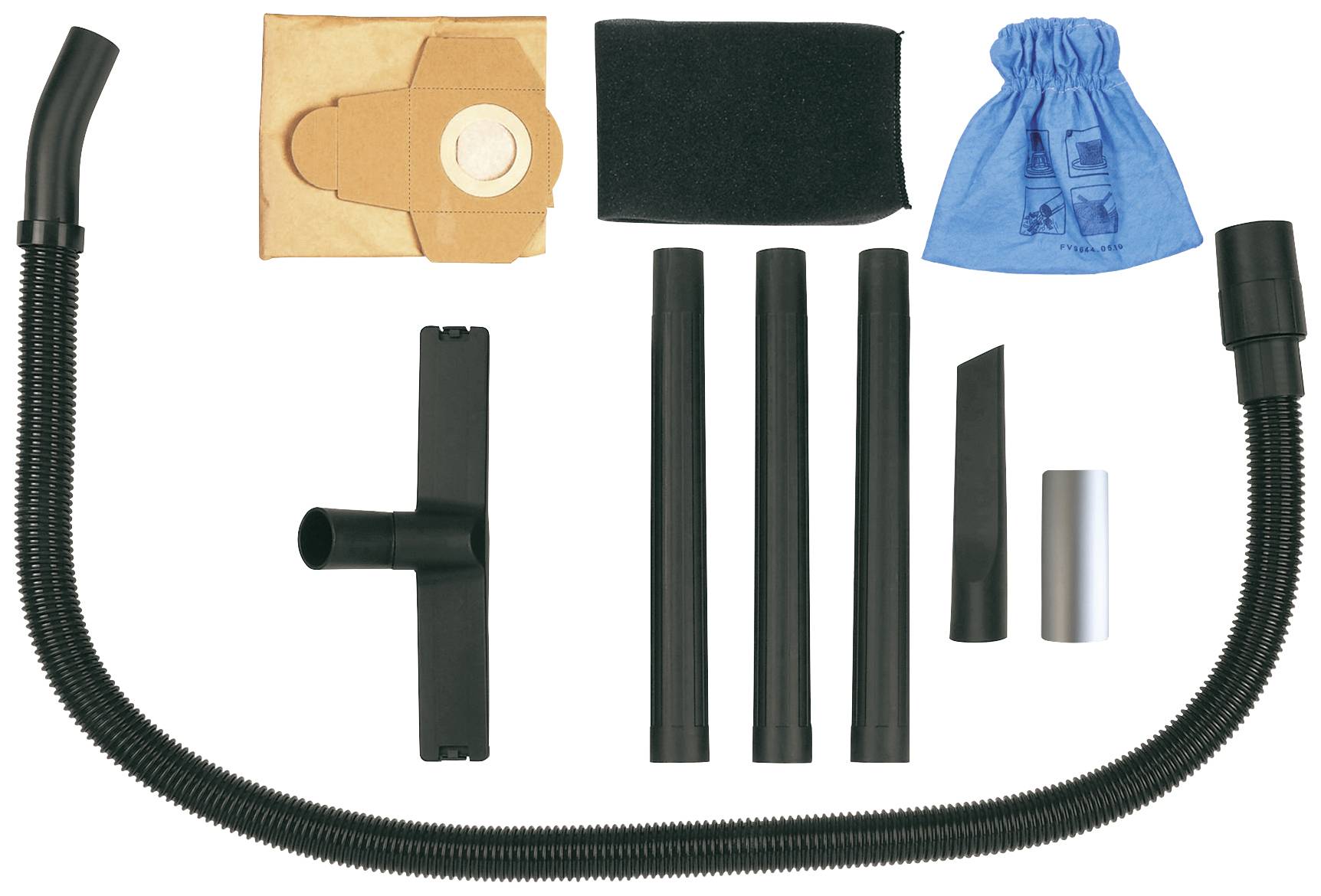 Stofzuigeraccessoires: Een flexibele slang, verschillende adapter opzetstukken, reserve stofzakken, schuimstoffilters en een blauwe stofzak.