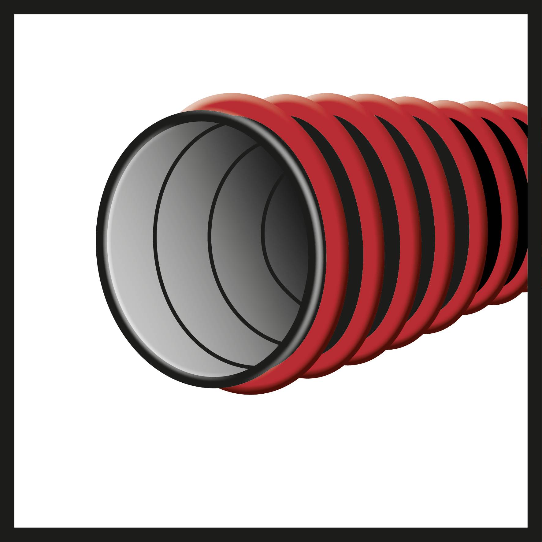 Het beeld toont een rood-zwarte spiraalslang van kunststof, die kan worden gebruikt voor ventilatie of afwatering.