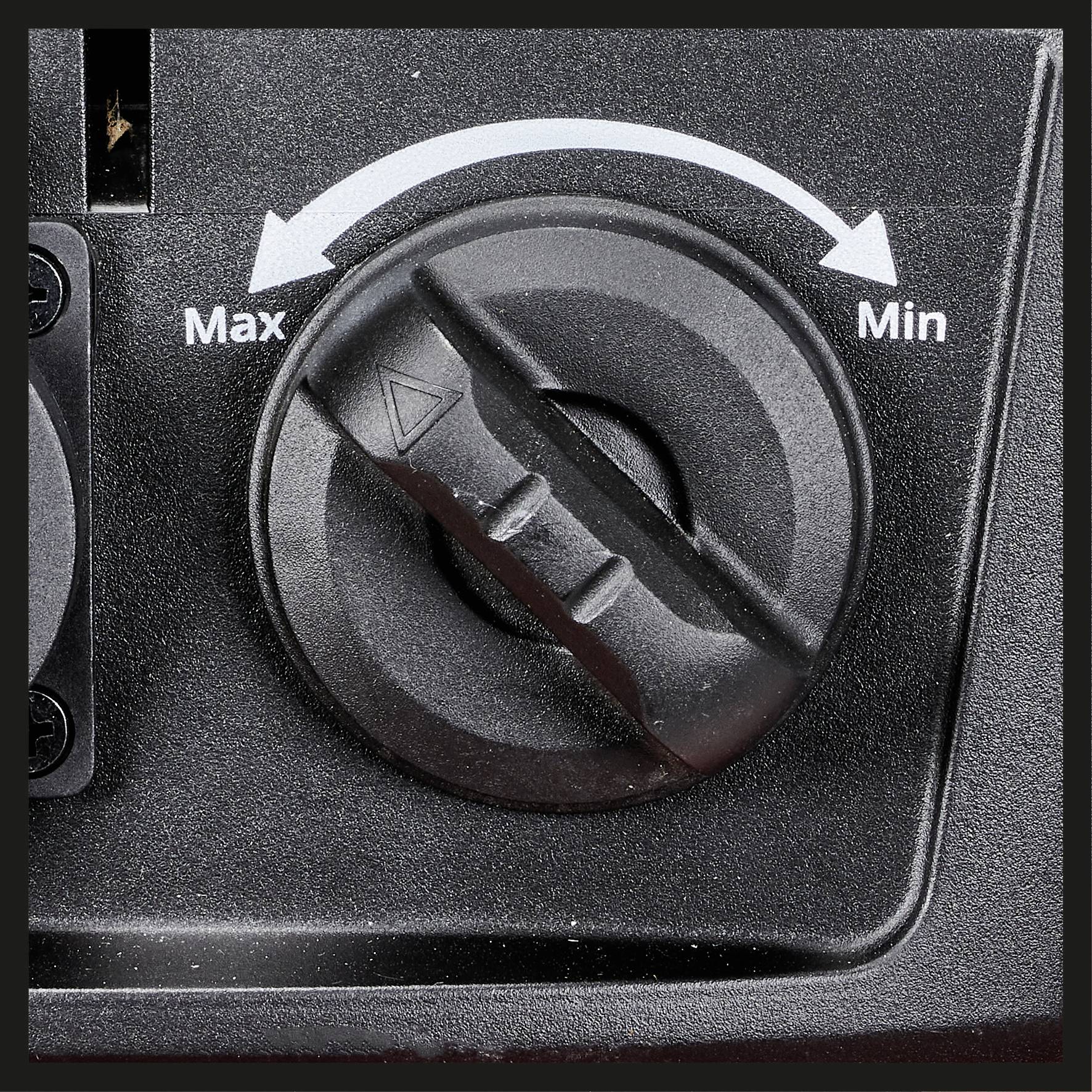 Draaiknop met markeringen 'Max' en 'Min' en een pijl in beide richtingen, wijst op een instelbare functie zoals volume.