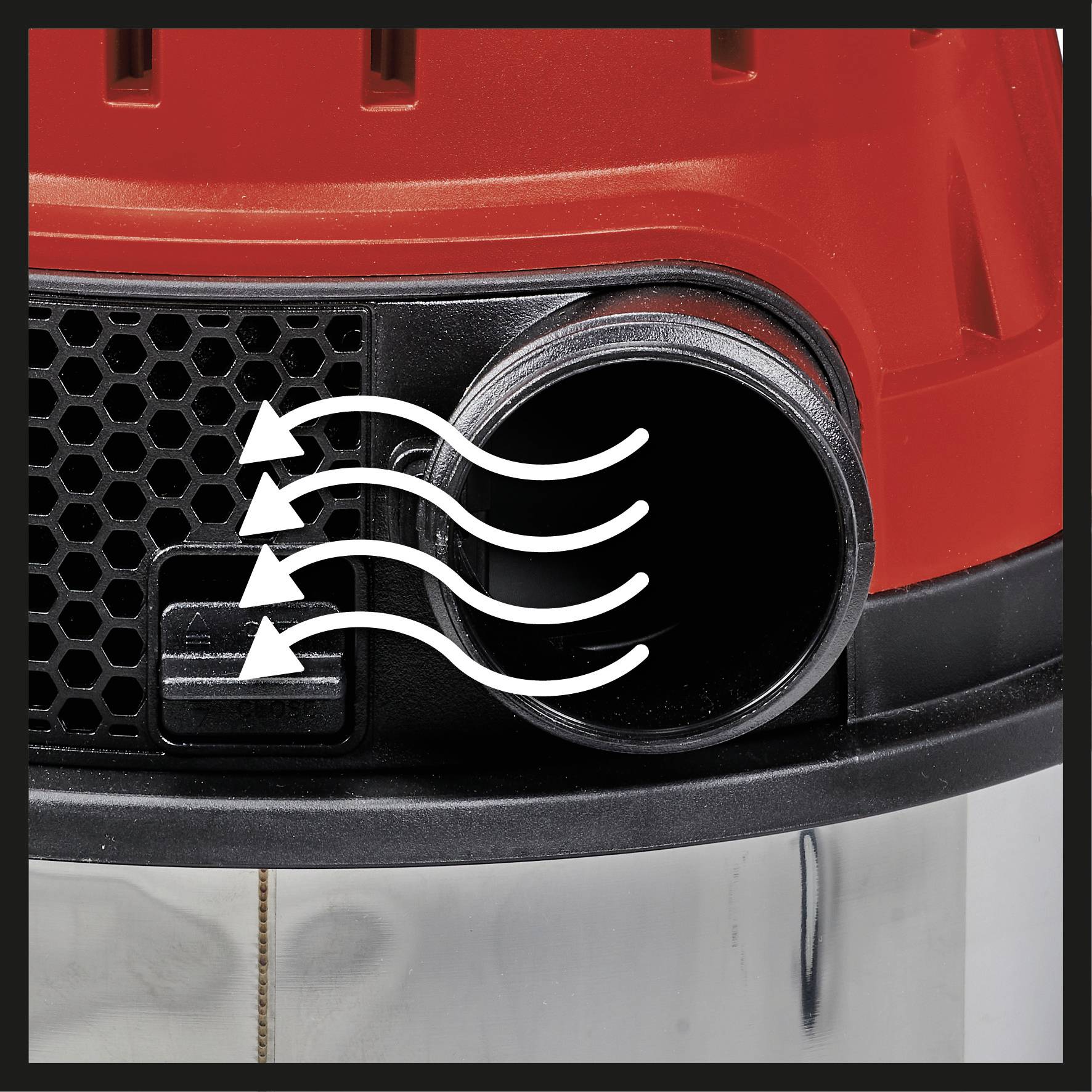 Een stofzuiger met pijlen die de luchtstroom naar de filteropening aangeven, afgebeeld op een zwarte achtergrond.