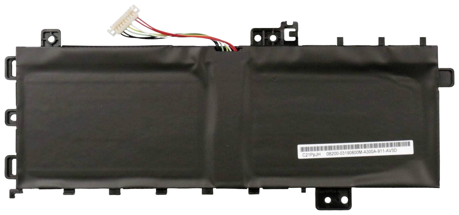 Zwarte laptopaccu met meerdere kabels en stekkers aan de bovenkant. Vierkante vorm met afgeronde hoeken en bevestigingsoren.