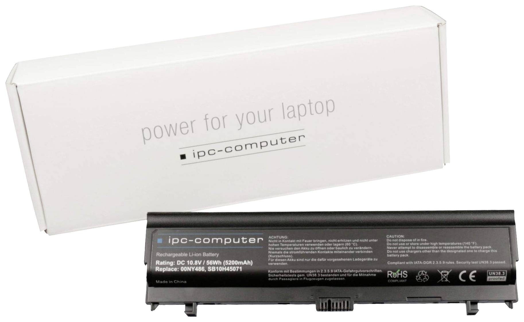 Een zwarte, oplaadbare lithium-ion batterij van het merk 'ipc-computer' voor laptops, naast een witte verpakking met de tekst 'power for your laptop'.