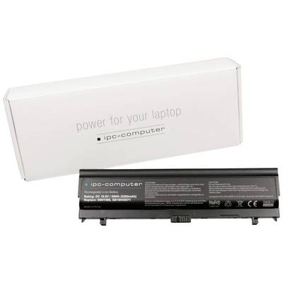 Een zwarte, oplaadbare lithium-ion batterij van het merk 'ipc-computer' voor laptops, naast een witte verpakking met de tekst 'power for your laptop'.
