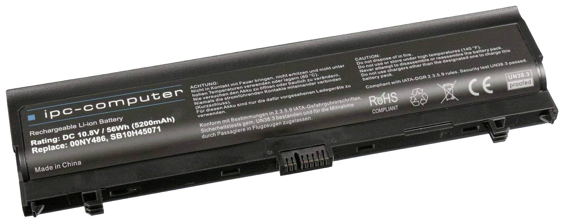 Zwarte oplaadbare laptopaccu met opschrift 'ipo-computer' en technische specificaties zoals 10,8 V, 55Wh, 5200mAh.