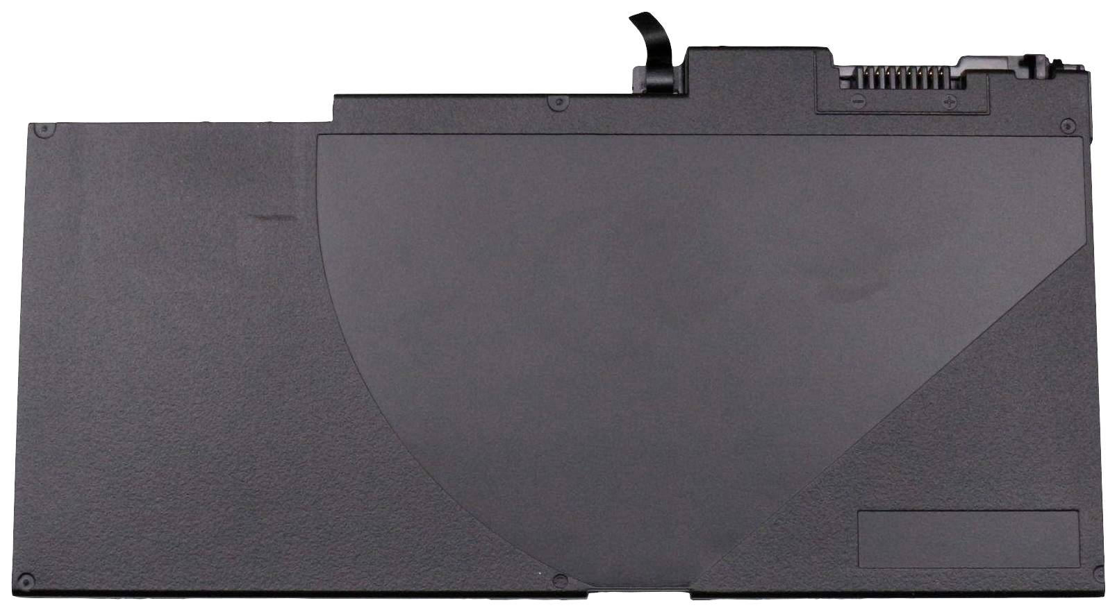 Een platte, rechthoekige laptopaccu met een zwarte kunststof behuizing. Hij verbindt zich met een laptop via aansluitingen aan de bovenkant.
