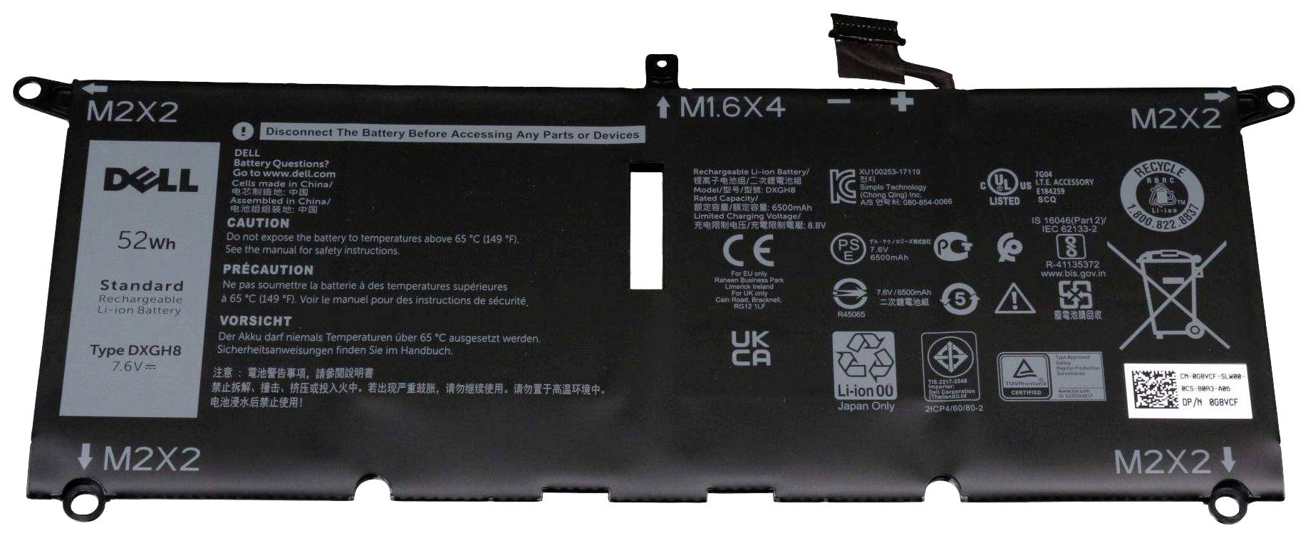 'Dell Laptop-accu, 52 Wh, Type DXGH8, zwart met diverse veiligheidsinstructies en symbolen.'