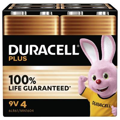 Vierpak Duracell 9V-batterijen met Duracell bunny mascotte en tekst '100% levensduur gegarandeerd'.