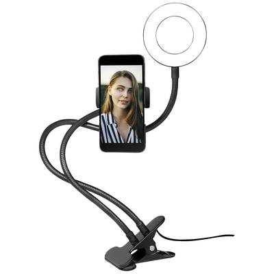 Smartphonehouder met ringverlichting; op de afbeelding staat een smartphone met een foto van een vrouw. Flexibele armen maken aanpassingen mogelijk.