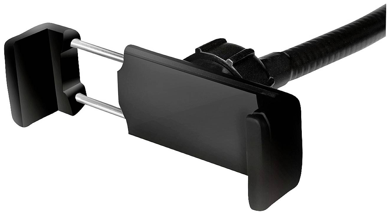 Een zwarte smartphonehouder met verstelbare armen en een flexibele nek voor bevestiging in voertuigen of op andere oppervlakken.