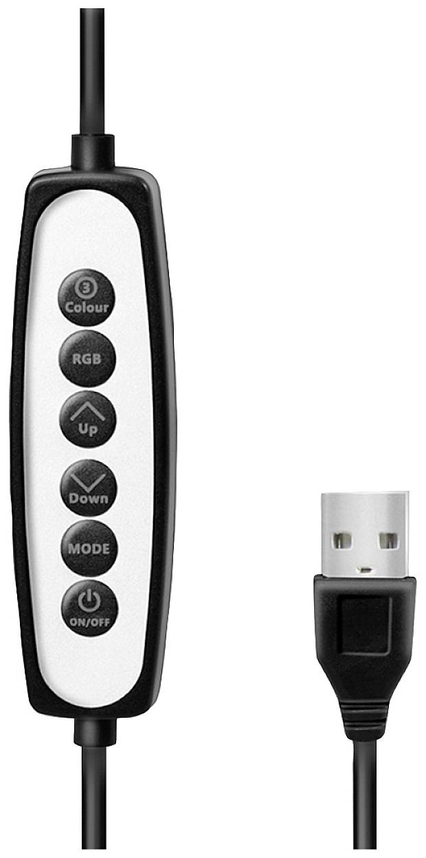 USB-kabel met bedieningseenheid; toetsen: 'Colour', 'RGB', 'Up', 'Down', 'MODE', 'ON/OFF' voor het besturen van kleur en modus.