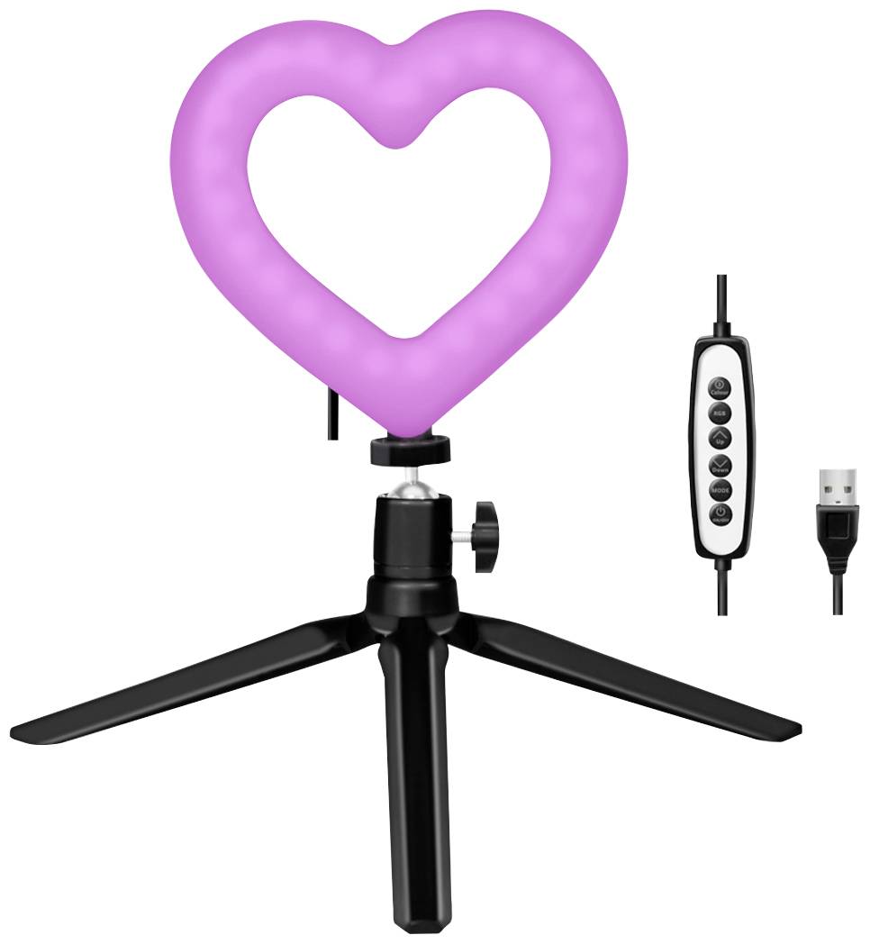 Hartvormige, roze LED-ringlamp op een zwart statief met afstandsbediening en USB-kabel, geschikt voor fotografie of videoproducties.
