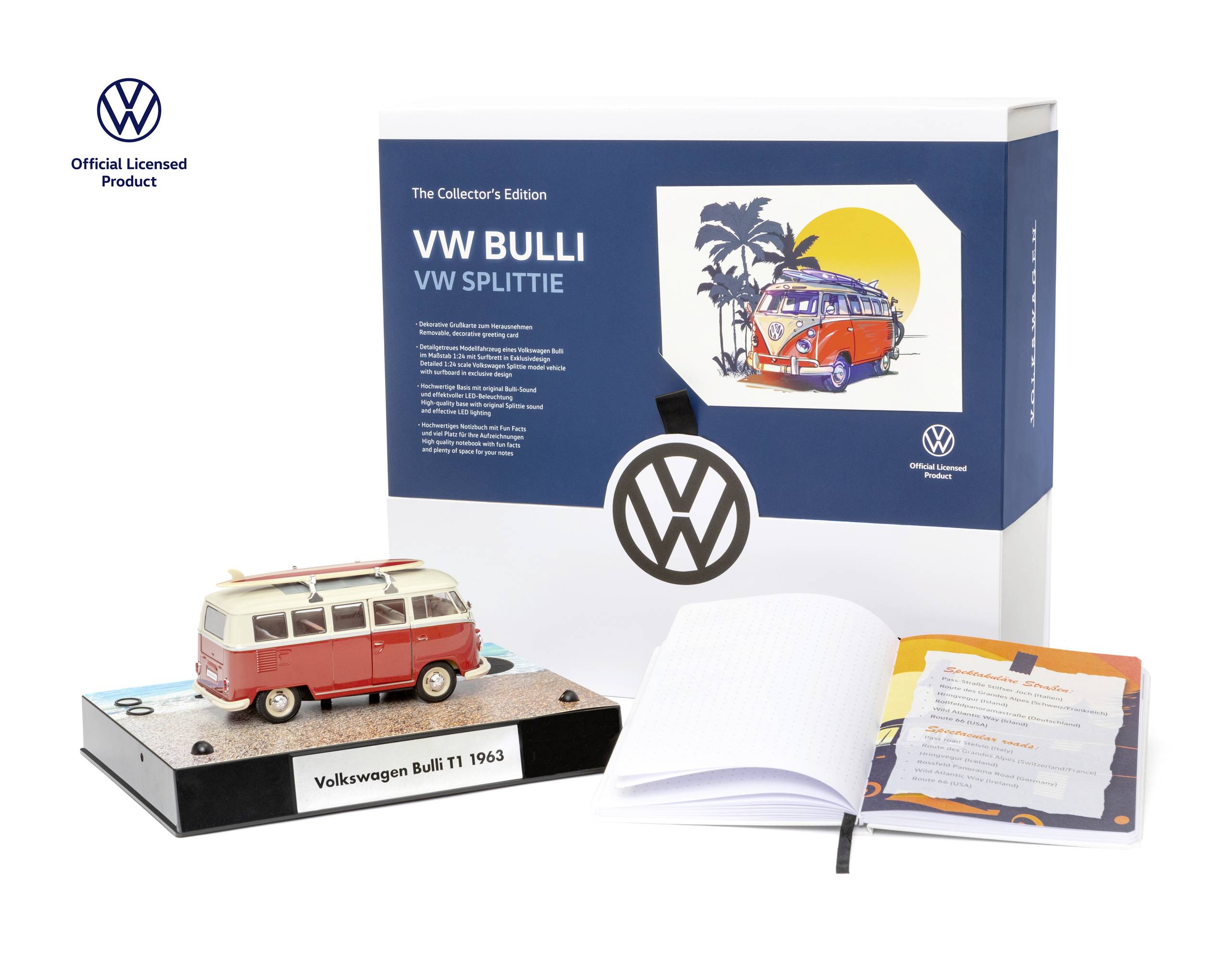 Speelgoedmodel van een rode VW Bus uit 1963 op een presentatiestandaard met een notitieboekje naast een verpakking.
