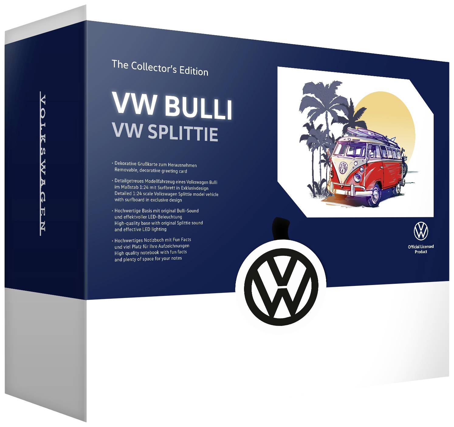 VW Bulli VW Splittie-Box: Illustratie van een rode VW-bus met palmenachtergrond. Tekst beschrijft verzamelaarsuitgave en modelspecificaties.