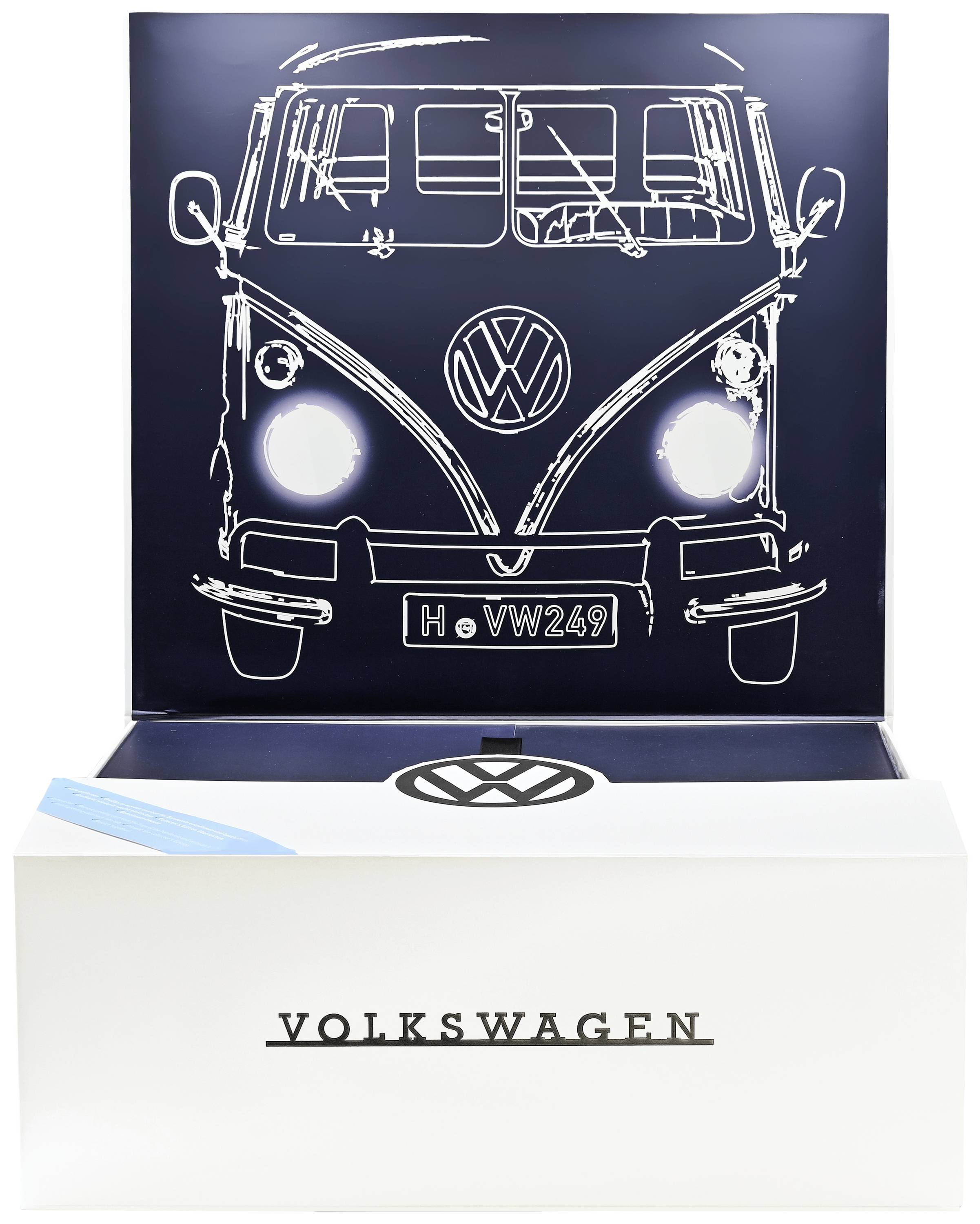 Een gestileerd beeld van een klassieke Volkswagen-bus is op een doos gedrukt. Bovenaan staat 'Volkswagen'.