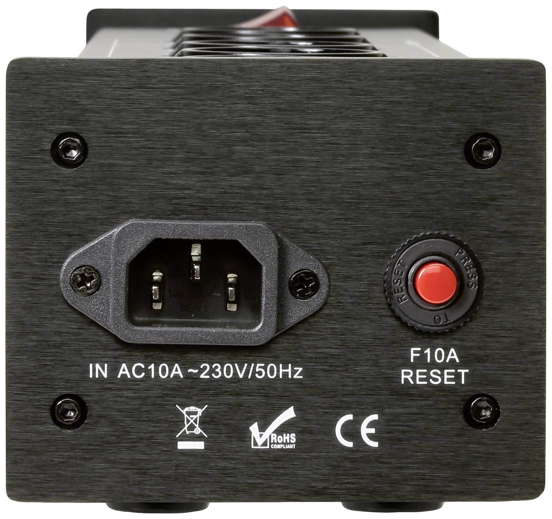 Zwarte achterkant van een elektronisch apparaat met een netstroomaansluiting met de tekst 'IN AC10A ~230V/50Hz' en een resetknop met de aanduiding 'F10A RESET'. CE- en RoHS-symbolen zijn zichtbaar.
