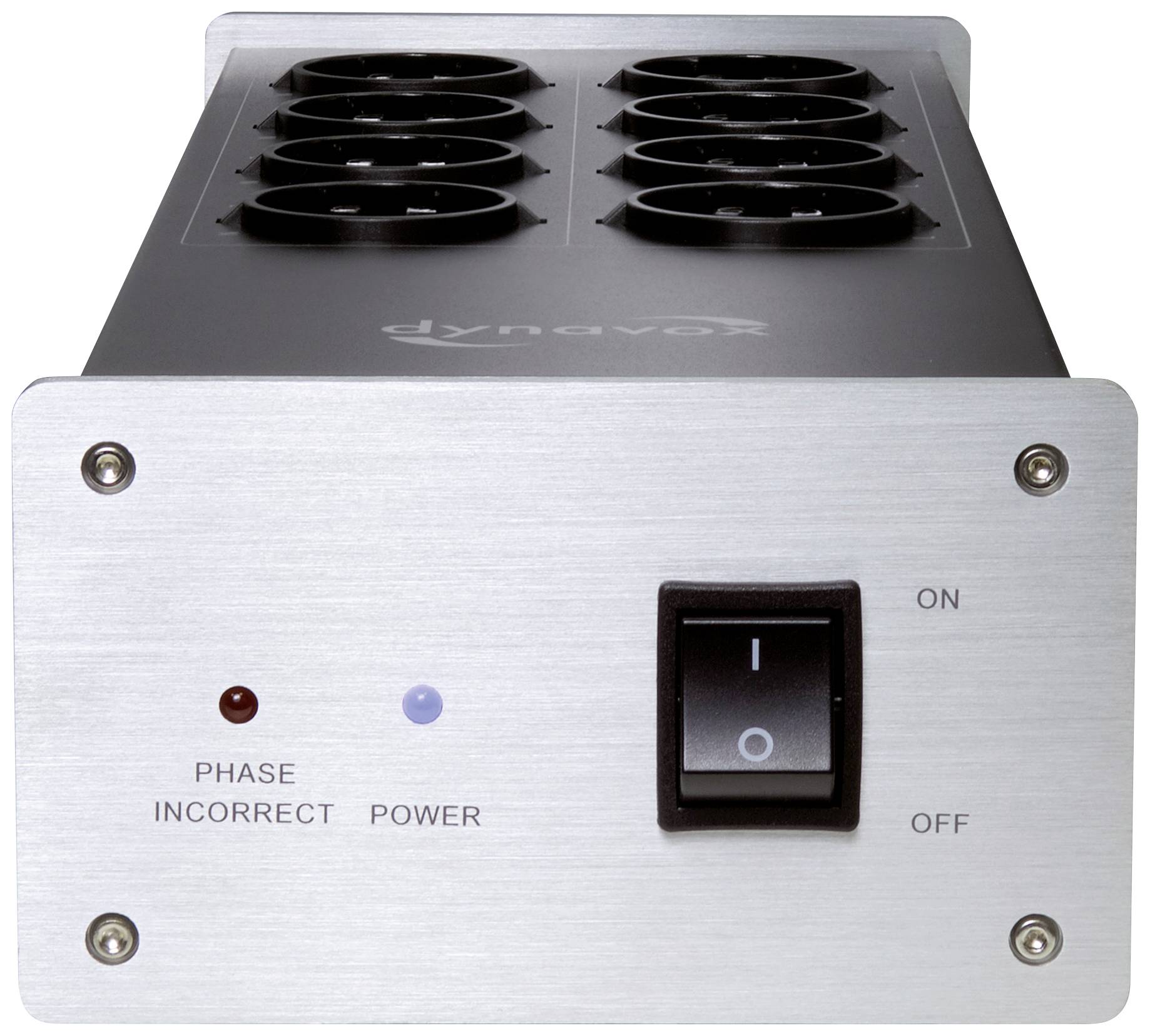 Zilvergrijze stroomverdeelstrip met een schakelaar in het midden, twee controlelampjes links ('Phase Incorrect', 'Power'). Bovenaan acht stopcontacten.