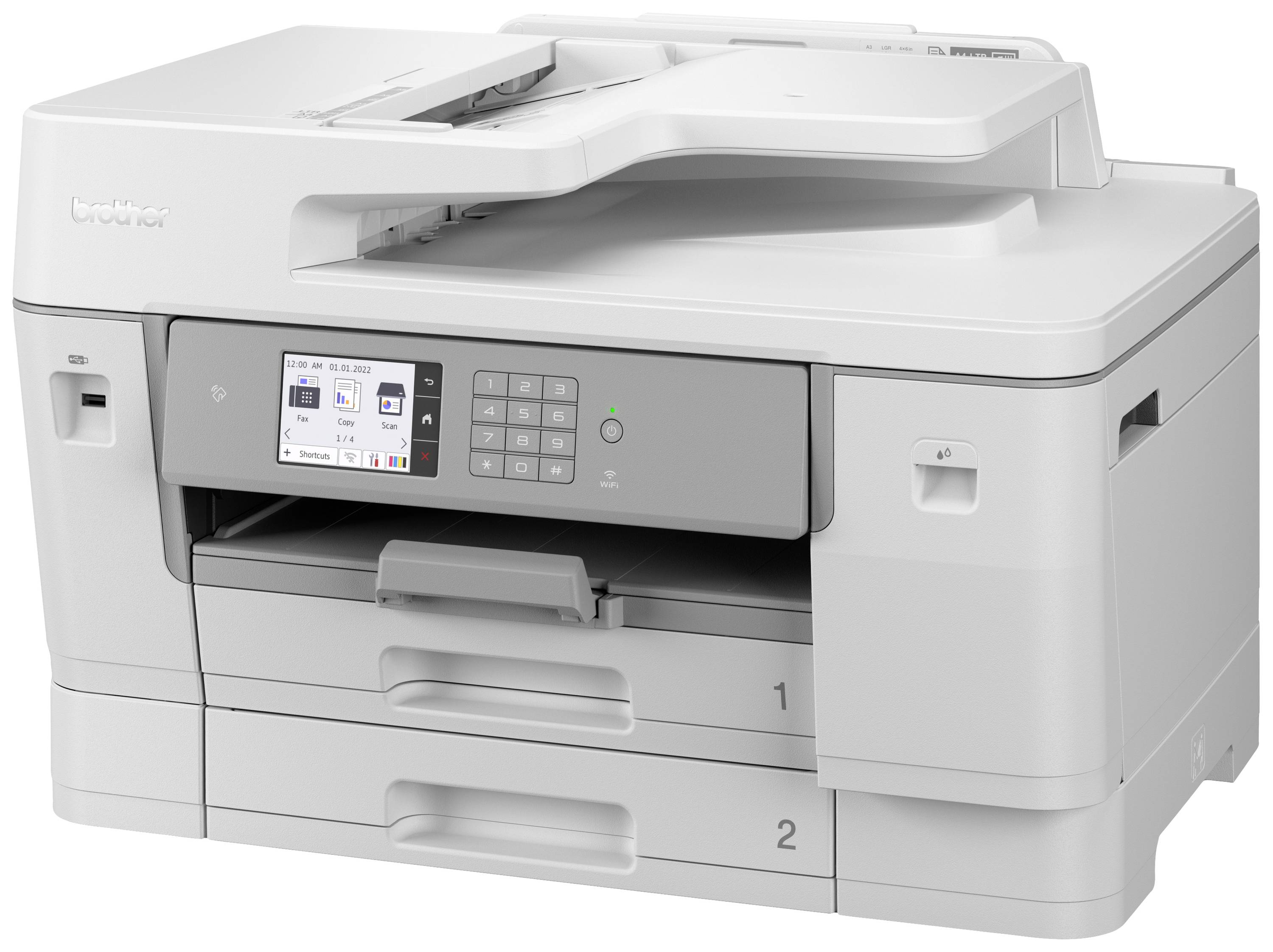 Multifunctionele printer met display en bedieningspaneel aan de voorkant. Twee papillades zijn zichtbaar. Het apparaat is grijs.