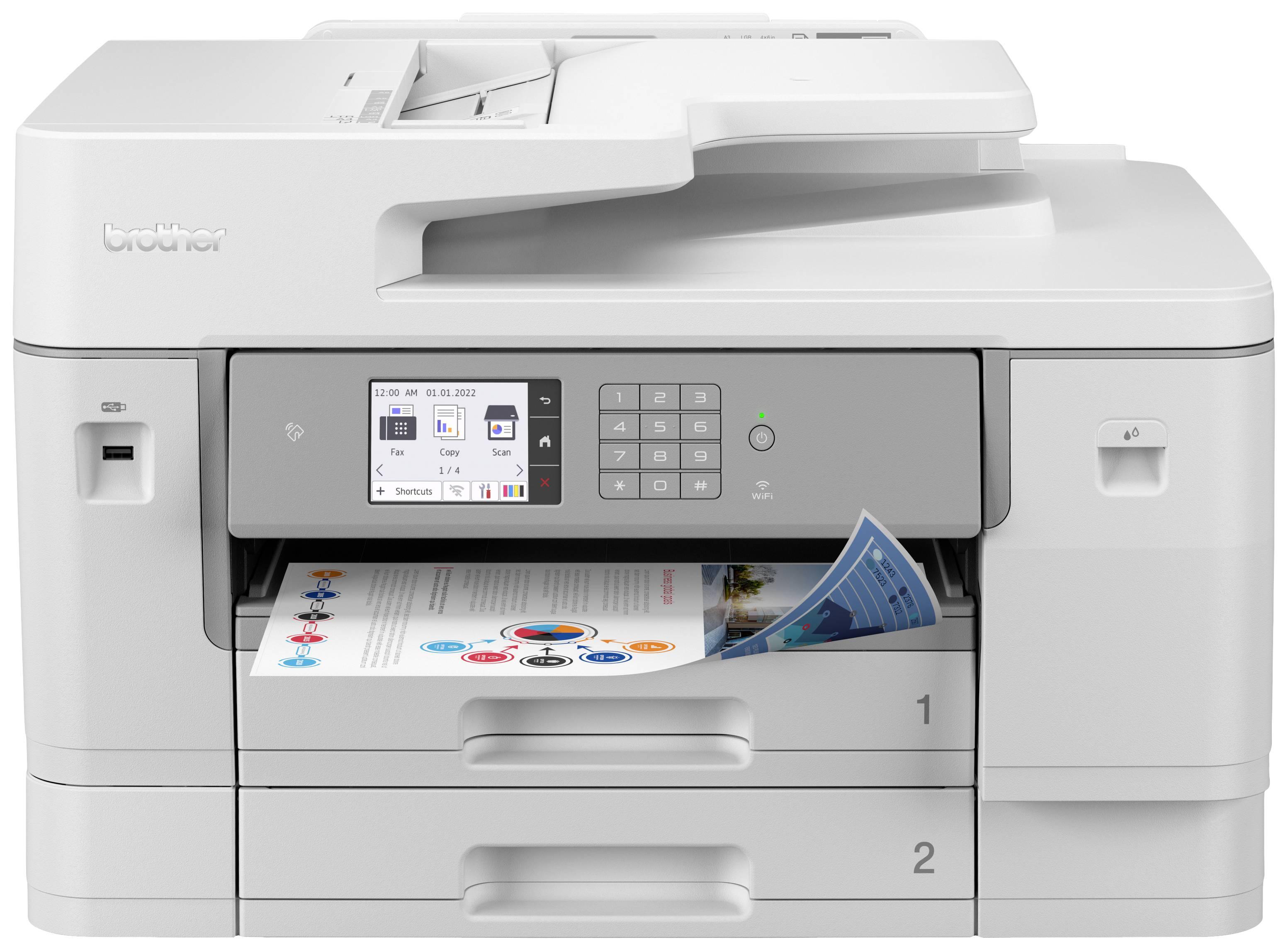 Een grijze printer drukt een kleurrijk diagram. De printer heeft twee papillades en een bedieningspaneel met display en toetsen.