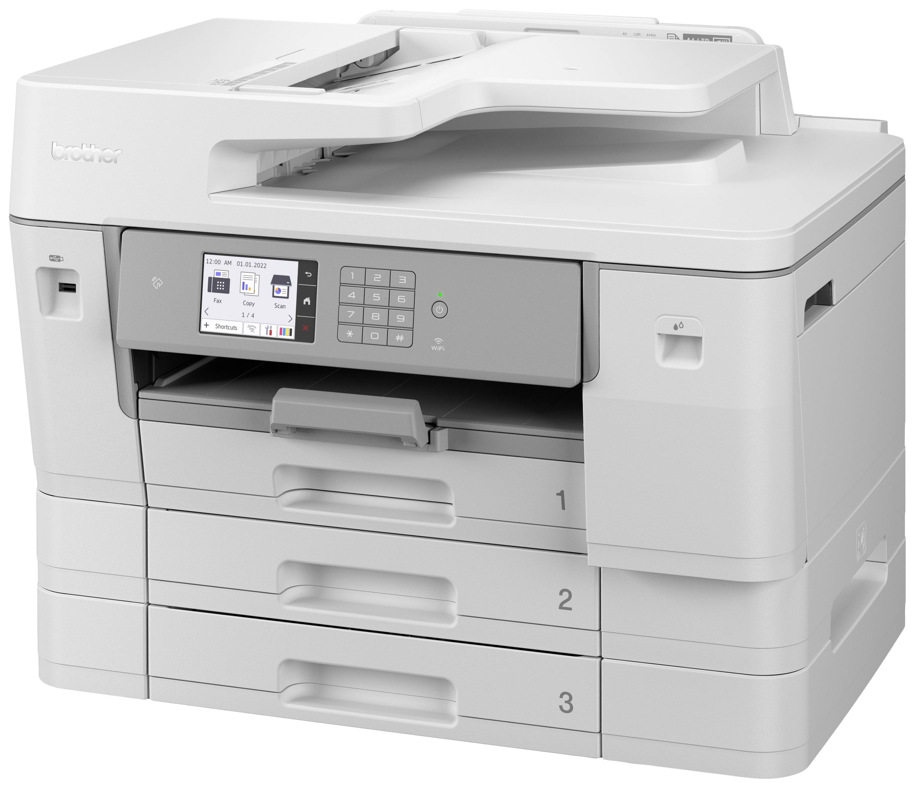 Een multifunctionele printer met drie papierladen en een digitaal display aan de voorkant.