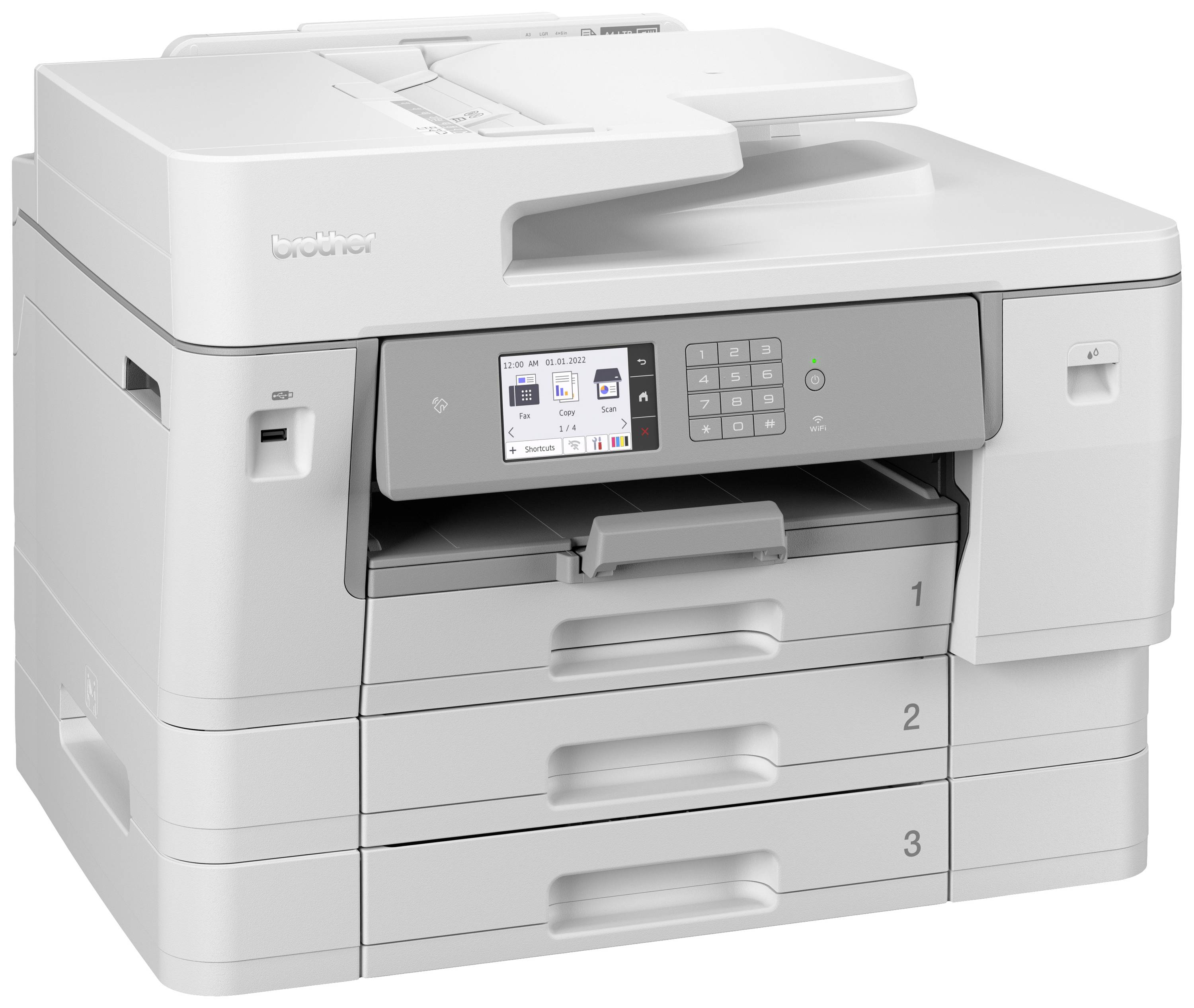 Een witte multifunctionele printer met drie papierlades en een touchscreen-bedieningspaneel, geschikt voor kantoorgebruik.