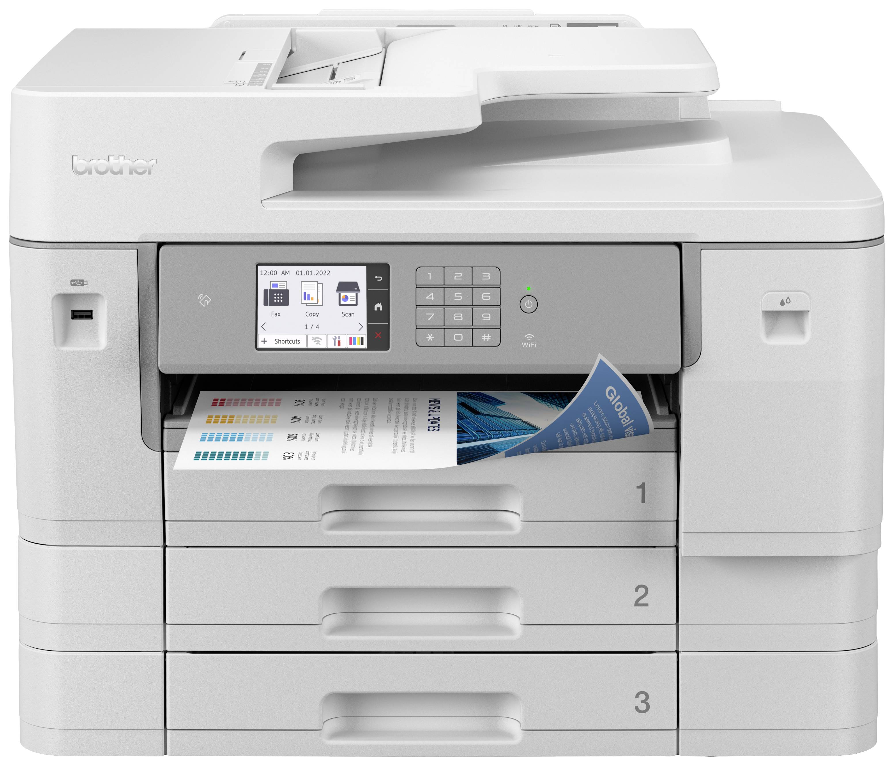Multifunctionele printer met documentuitvoer op een van de drie papierladen. Digitaal display toont informatie over de printstatus.