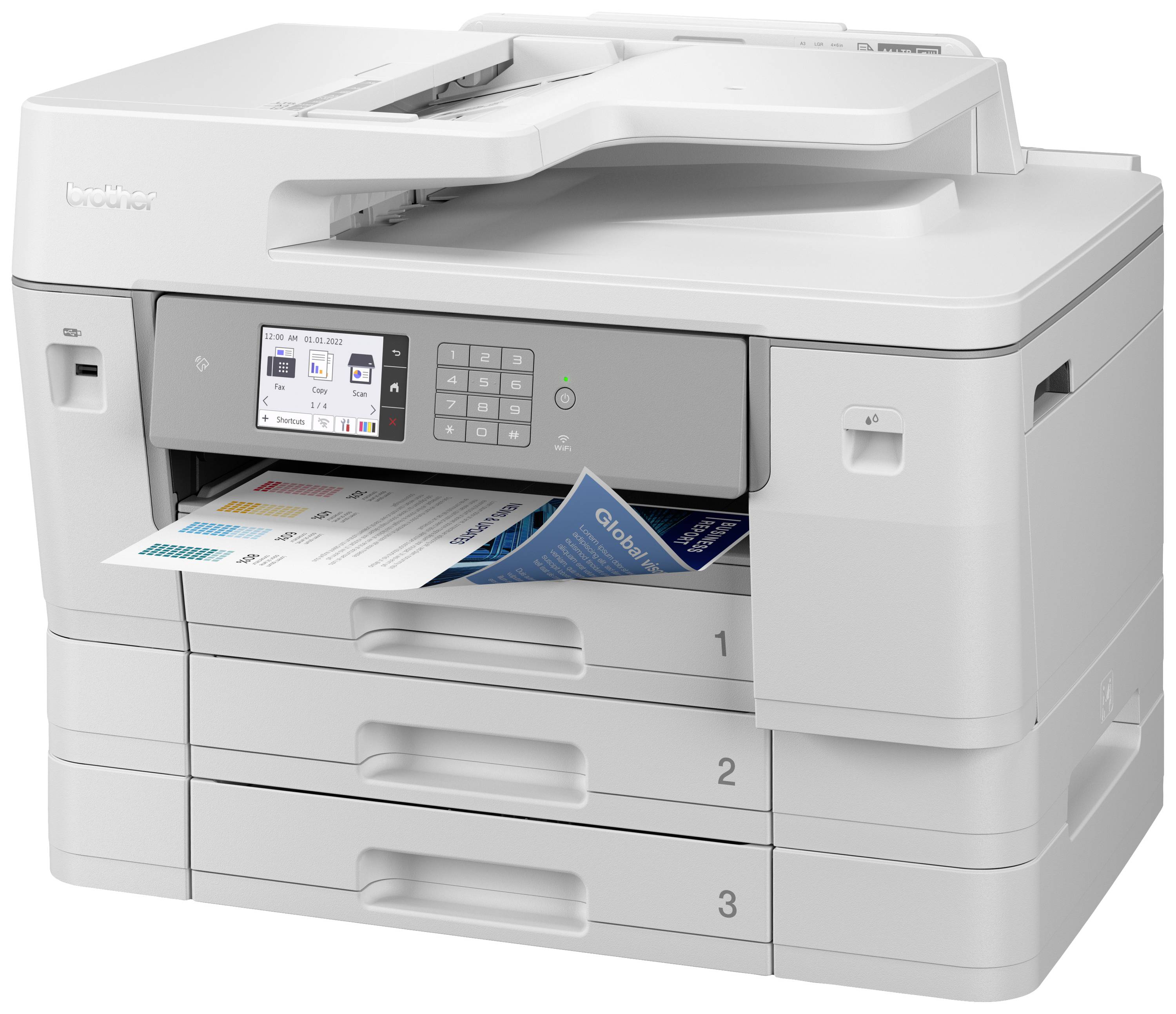Een grijze printer met drie papierinvoerladen, een display en een toetsenbord, drukt kleurrijke documenten af.
