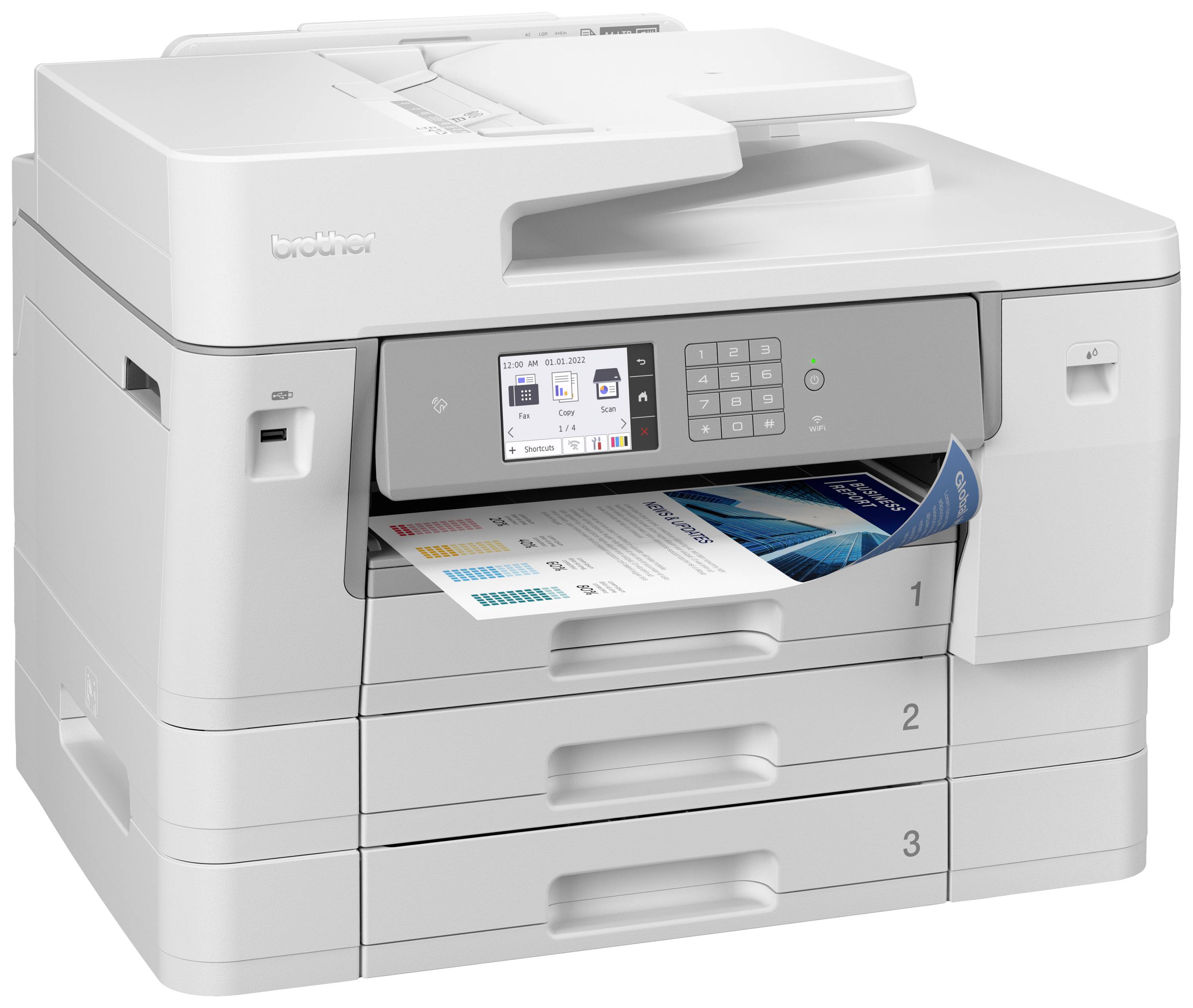 Een witte multifunctionele printer met een digitaal display. Een bedrukt document met afbeeldingen wordt uit het uitvoervak uitgevoerd.