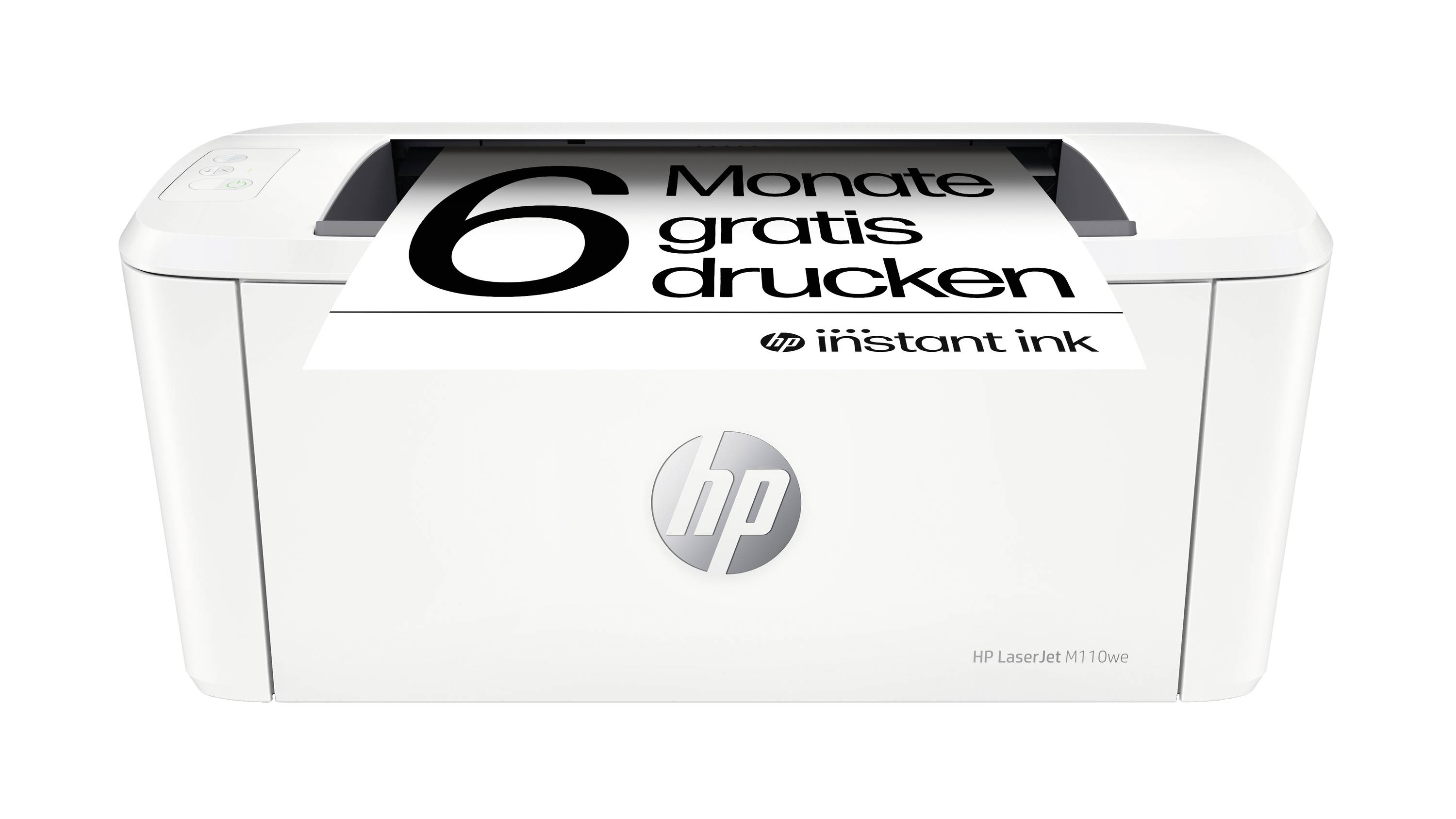 Een witte printer met een vel papier dat wordt afgedrukt. Op het papier staat '6 maanden gratis printen met HP Instant Ink'.