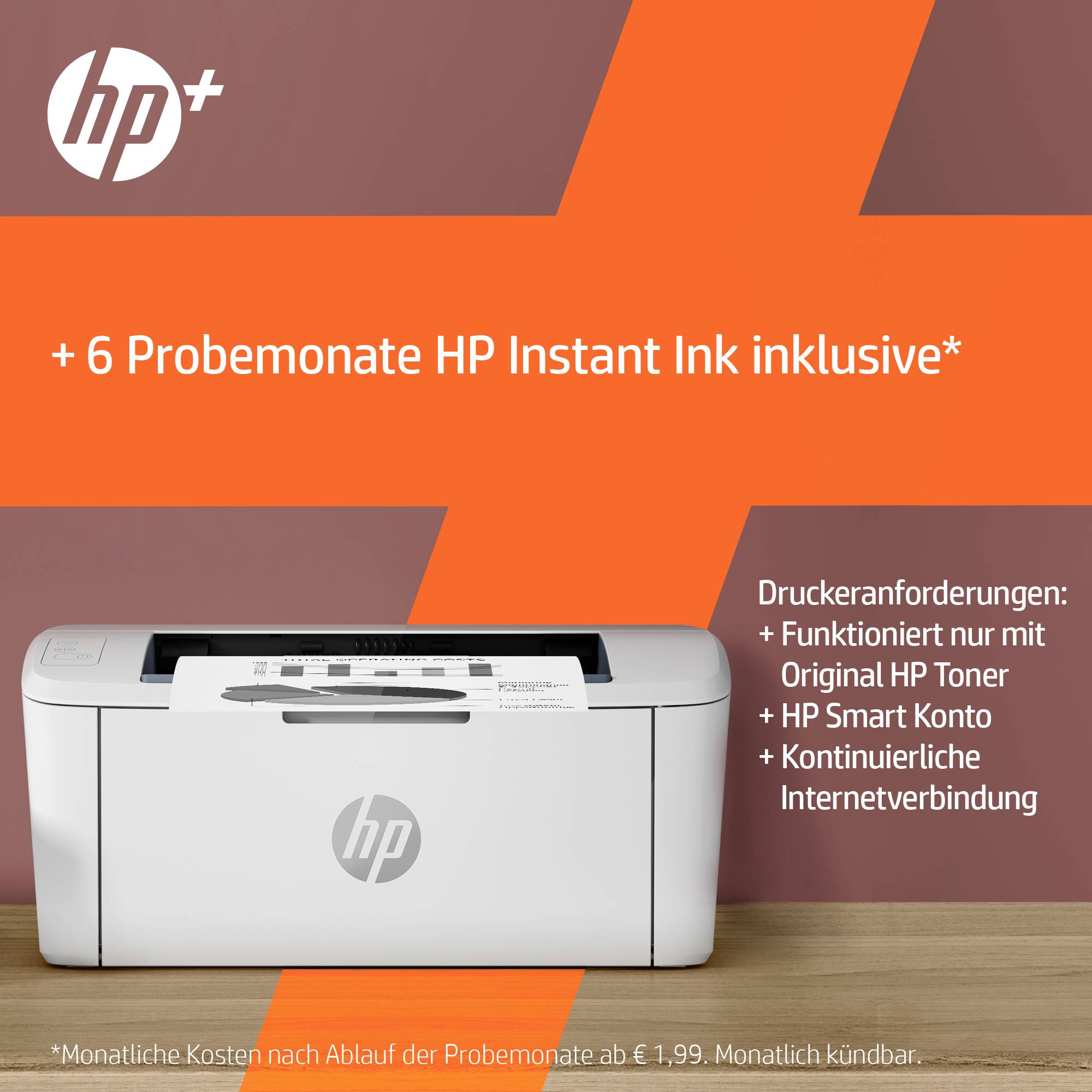 Een HP-printer op een tafel. Tekst: '+ 6 proefmaanden HP Instant Ink inbegrepen*'. Verdere details over de printertoepassing zichtbaar.