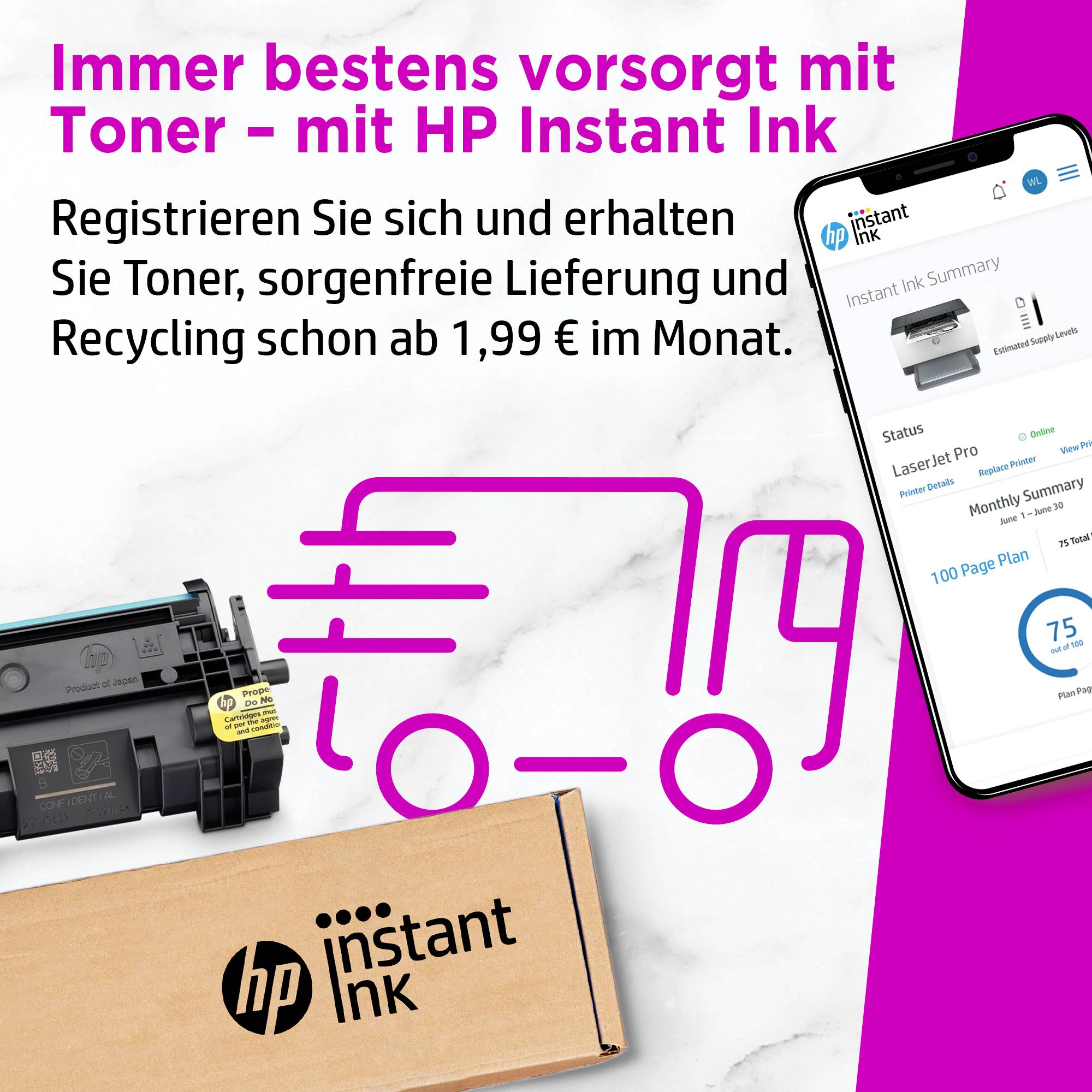 'Reclame voor HP Instant Ink Service: Afbeelding van inktpatroon en verzendkarton met grafiek van een bestelwagen. Tekst belooft automatische levering vanaf 1,99EUR per maand.'
