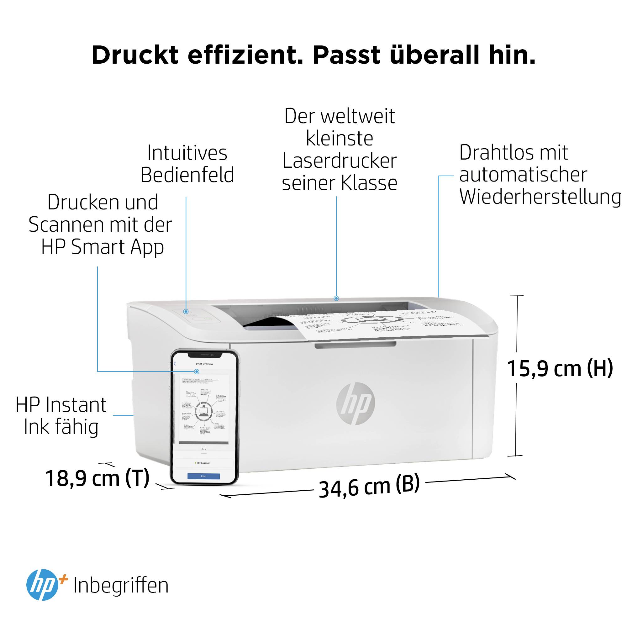 Een compacte printer met afmetingen van 15,9 cm (H) x 34,6 cm (B) x 18,9 cm (D), compatibel met de HP Smart App voor eenvoudig afdrukken.