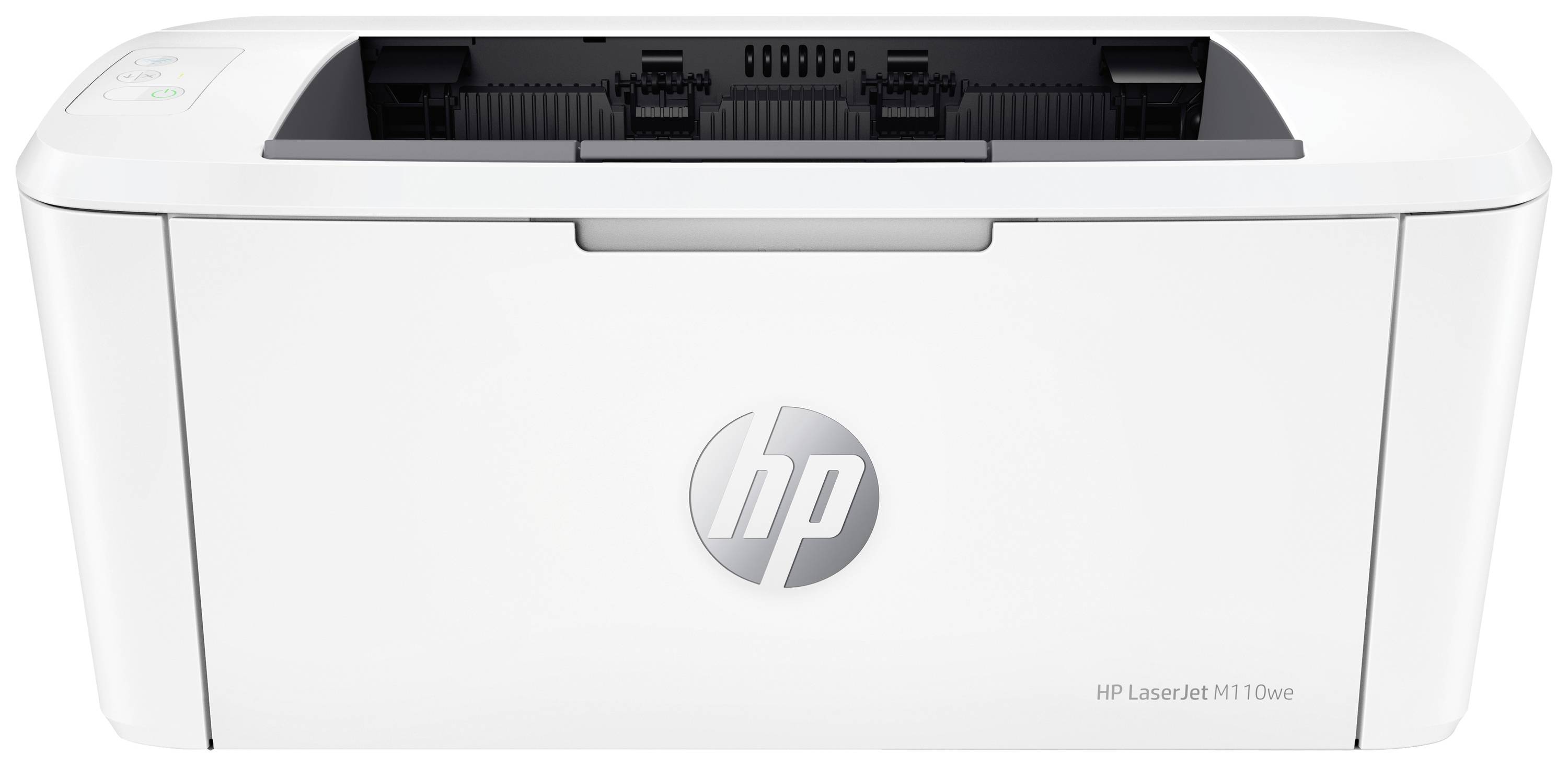 Een witte printer met een open papierbak. Op de voorkant bevindt zich een HP-logo.