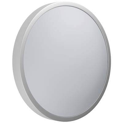 Een ronde spiegel met een zilveren lijst, voor een neutrale achtergrond.