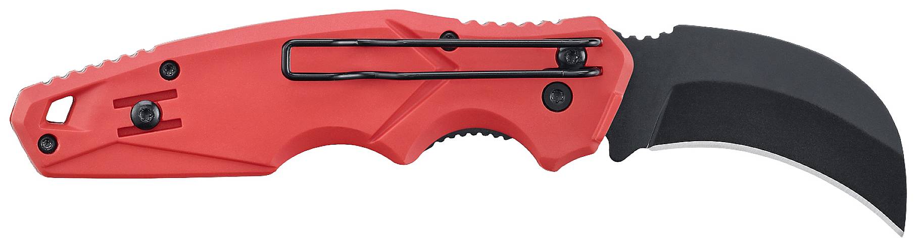 Rood vouwmes met zwart gebogen lemmet en riemclip, liggend op een witte ondergrond.