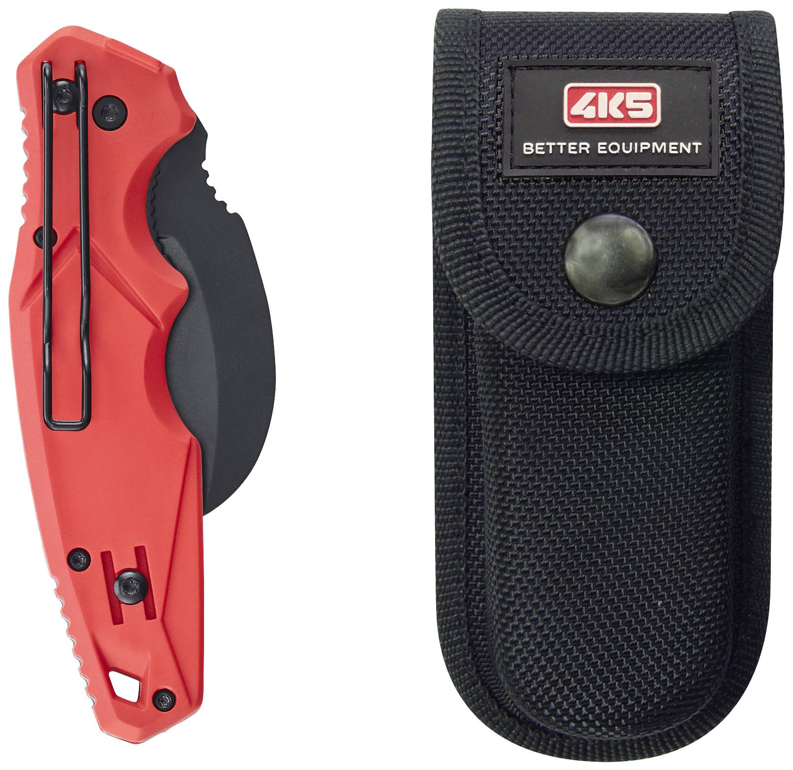 Rood vouwmes met zwart lemmet naast een zwarte beschermhoes met het logo '4KS BETTER EQUIPMENT' aan de voorkant.
