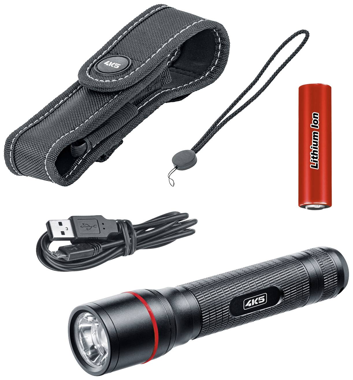 Zaklamp met USB-kabel, accu en holster. Zwart, compact design met rode streep. Toebehoren: draaglus, accu.