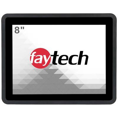 Een scherm met de tekst 'faytech 8"' toont een logo in rood en zwart, omgeven door grijs-witte geometrische patronen.